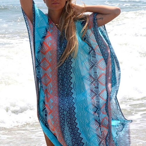 

Women's Swimwear Cover Up Beach Dress Normal Swimsuit Oversized Print Blue Bathing Suits New Party Active / Casual / Padless
