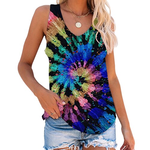 

Women's Tank Top Vest Green Blue Yellow Tie Dye Print Sleeveless Holiday Weekend Basic Streetwear V Neck Regular S