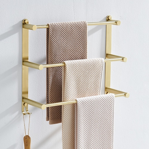 

Bathroom Three-layer Shelf with Hooks Stainless Steel Multi-function Towel Rack Wall Mounted Matte Gold and Brushed Nickel 1pc