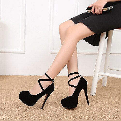 

Women's Heels Stilettos High Heels Ankle Strap Heels Buckle Platform Stiletto Heel Round Toe Suede Buckle Solid Colored Black Red Blue