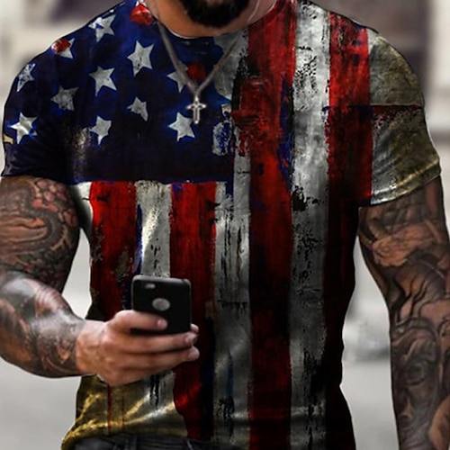 

Men's Shirt T shirt Tee Tee Distressed T Shirt Graphic American Flag National Flag Crew Neck White Yellow Wine Red Blue 3D Print Plus Size Casual Daily Short Sleeve Clothing Apparel