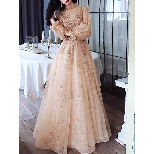 

A-Line Glittering Elegant Engagement Formal Evening Dress High Neck Long Sleeve Floor Length Tulle with Sequin 2022