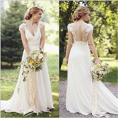 

A-Line Wedding Dresses V Neck Sweep / Brush Train Lace Cap Sleeve Country Romantic Illusion Detail Backless with Appliques 2022