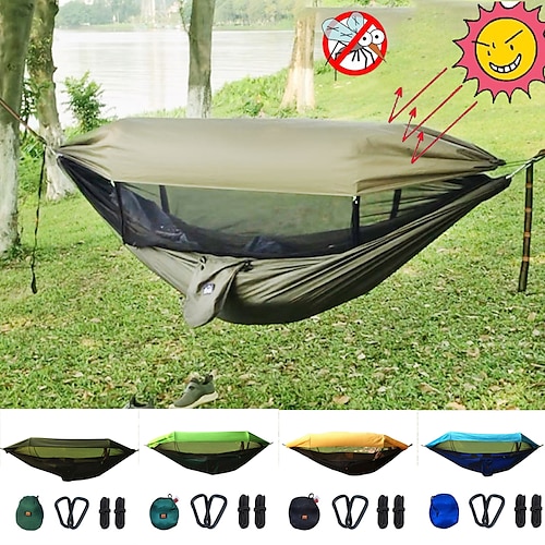 

Camping Hammock with Pop Up Mosquito Net Double Hammock Outdoor Portable Sunscreen UV Resistant Anti-Mosquito Ultra Light (UL) Parachute Nylon with Carabiners and Tree Straps for 2 person Hunting