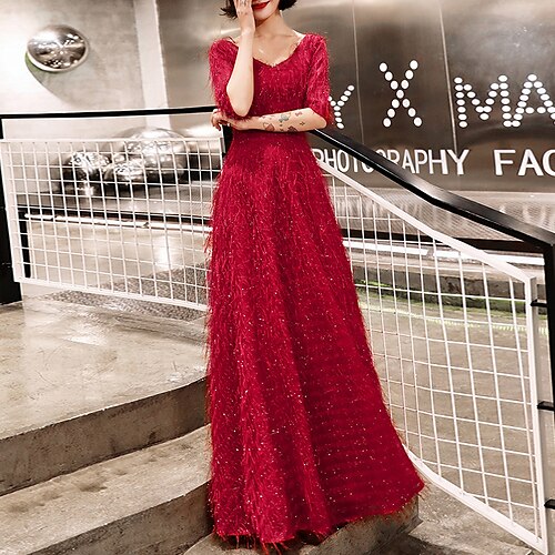 

A-Line Evening Dresses Glittering Dress Prom Floor Length Half Sleeve V Neck Tulle with Feather Sequin 2022 / Formal Evening