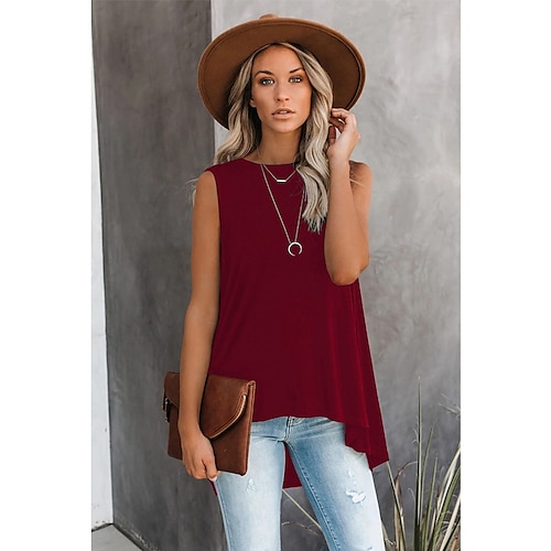 

Women's Tank Top T shirt Tee Vest Tunic Wine ArmyGreen Classic Style Casual Daily Basic Round Neck Long S / Summer