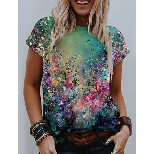 

Women's T shirt Tee Green Graphic Floral Print Short Sleeve Casual Daily Basic Vintage Round Neck Regular Floral Abstract Painting S / 3D Print