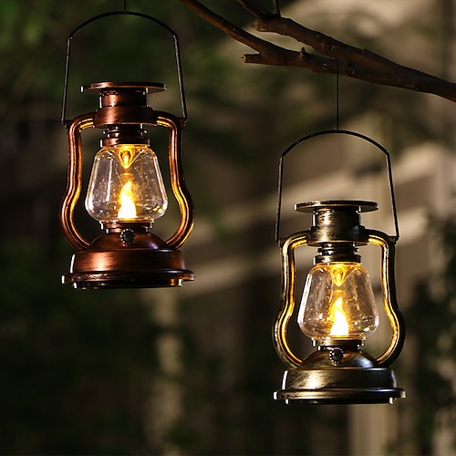 

Ramadan Eid Lights Retro Camping Lantern Outdoor Solar Power Warm White IP55 Waterproof Hanging Light Multi Functional Decoration For Outdoor Garden Flame Lighting