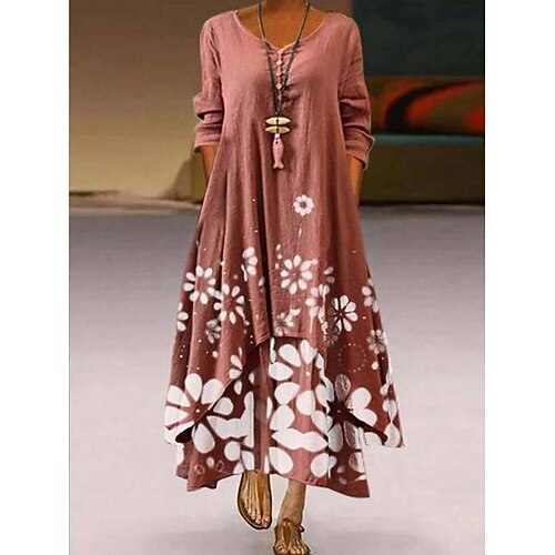 

Women's Casual Dress Swing Dress Long Dress Maxi Dress Green Blue Pink Long Sleeve Floral Patchwork Fall Spring Crew Neck Winter Dress Fall Dress S M L XL XXL XXXL 4XL 5XL