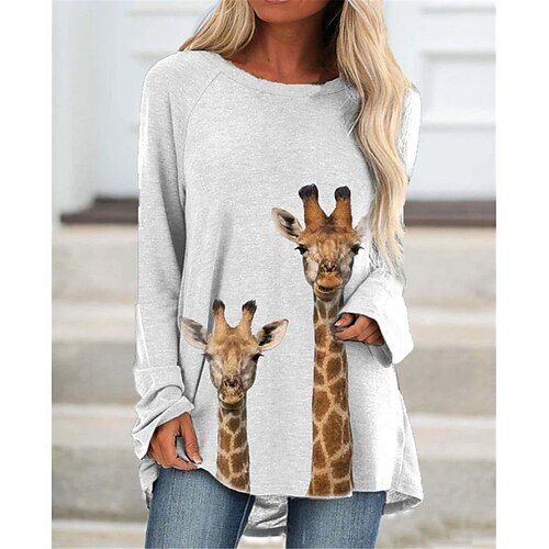 

Women's T shirt Tee Khaki Navy Blue Gray Graphic Giraffe Print Long Sleeve Home Daily Basic Vintage Round Neck Regular S