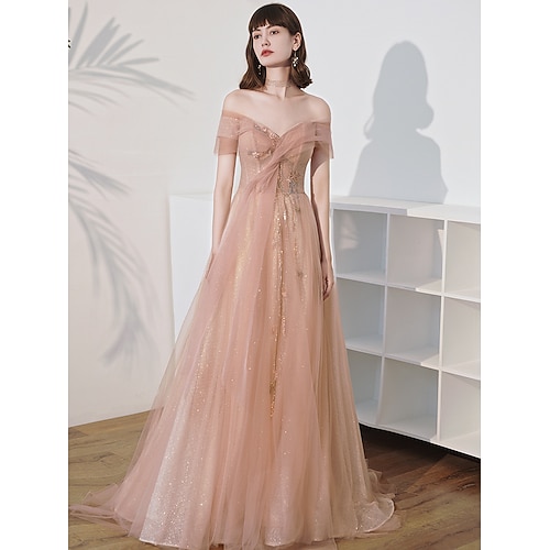 

A-Line Prom Dresses Glittering Dress Engagement Floor Length Short Sleeve Off Shoulder Tulle with Lace Insert Embroidery 2022 / Formal Evening