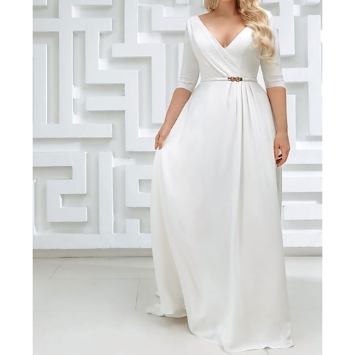 

A-Line Wedding Dresses V Neck Sweep / Brush Train Stretch Satin Half Sleeve Country Plus Size with Sashes / Ribbons Side-Draped 2022