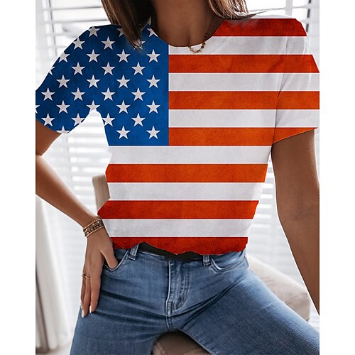 

Women's T shirt Tee Blue Royal Blue Red 3D American Flag Print Short Sleeve Weekend Independence Day Basic Round Neck Regular 3D Printed Painting S