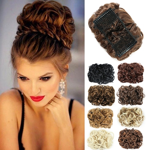 

Hair Bun Extension Short Messy Curly Dish Easy Stretch hair Combs Clip in Ponytail Extension Scrunchie Chignon Tray Ponytail Hairpieces for Women Girls