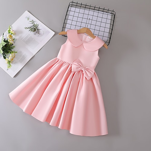 

Kids Little Girls' Dress Solid Colored Party Wedding Bow Pink Knee-length Sleeveless Cute Dresses 2-6 Years