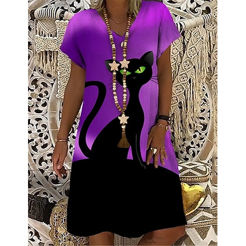 

Women's Shift Dress Midi Dress Purple Short Sleeve Animal Print Spring Summer V Neck S M L XL XXL 3XL