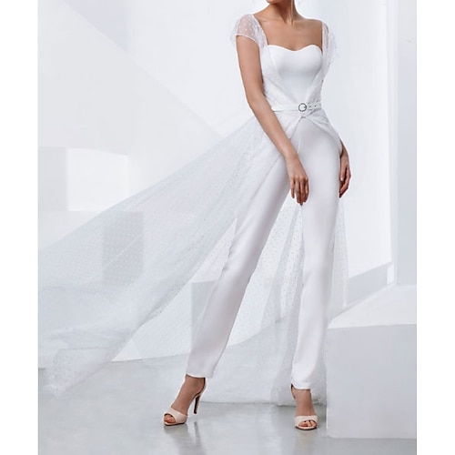 

Two Piece Jumpsuits Wedding Dresses Strapless Sweep / Brush Train Lace Stretch Satin Short Sleeve Country Plus Size with Lace Sashes / Ribbons Appliques 2022