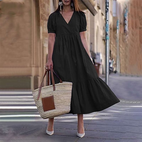 

Women's Casual Dress Swing Dress Long Dress Maxi Dress Light Yellow Black Purple Short Sleeve Pure Color Ruched Spring Summer V Neck Loose Fit L XL XXL XXXL 4XL 5XL