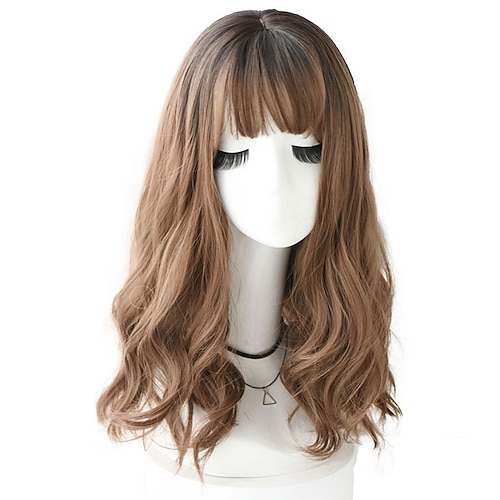 

Light Blonde Synthetic Wigs For Women Realistic Long Pastel Brown Grey Wigs With Bangs Medium Wavy Lolita Cosplay Wig ChristmasPartyWigs