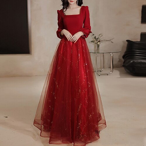 

A-Line Evening Dresses Glittering Dress Engagement Floor Length Long Sleeve Scoop Neck Tulle with Sequin 2022 / Formal Evening