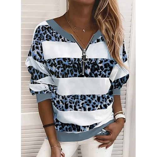 

Women's Pullover Basic Streetwear Zipper Print Blue Brown Leopard Color Block Daily V Neck Long Sleeve S M L XL 2XL