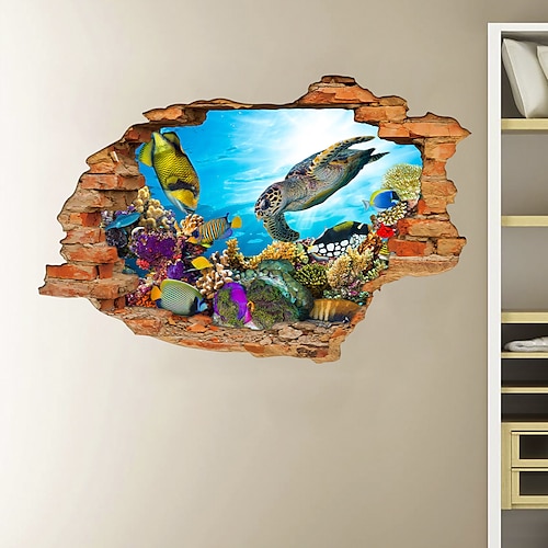 

3D Broken Wall Undersea World Turtle Can Be Removed Stickers Home Children's Room Background Decoration 60X90cm