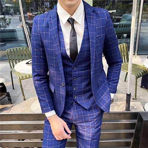 

Black Burgundy Blue Men's Wedding Tuxedos 3 Piece Notch Plaid Tailored Fit Single Breasted One-button 2022 / Suits