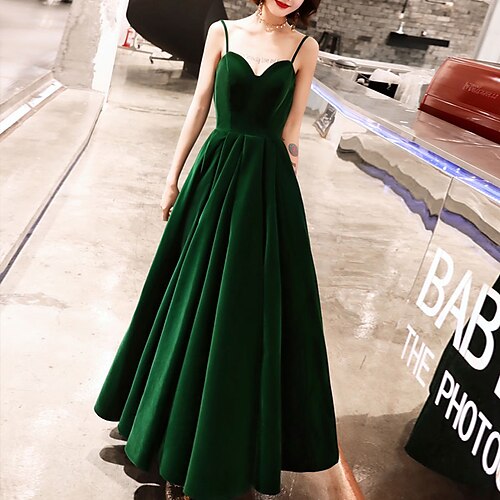 

A-Line Prom Dresses Beautiful Back Dress Wedding Guest Ankle Length Sleeveless Spaghetti Strap Velvet with Sleek Pleats 2022 / Open Back