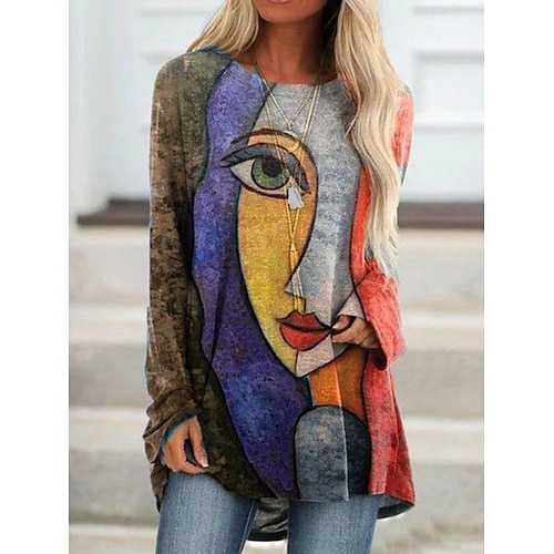 

Women's T shirt Tee Tunic Purple Light Green Dusty Rose Portrait Print Long Sleeve Daily Going out Basic Round Neck Long Loose Fit Abstract Portrait S
