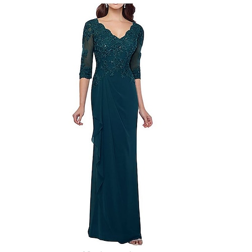 

Sheath / Column Elegant Formal Evening Dress Plunging Neck Half Sleeve Floor Length Chiffon with Ruffles Lace Insert Side Draping 2022