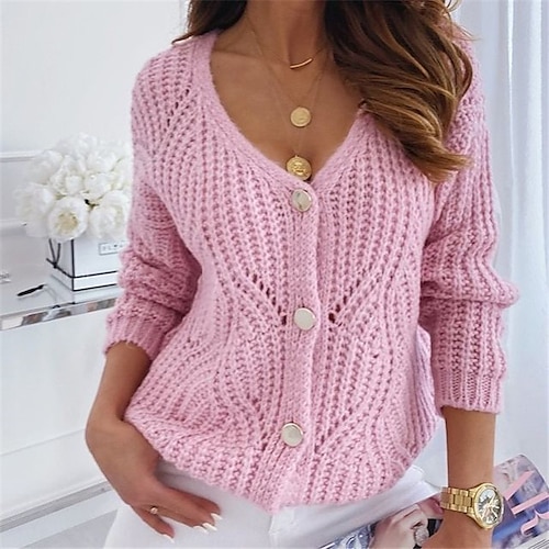 

Women's Cardigan Sweater Jumper Crochet Knit Hollow Out Knitted Solid Color V Neck Basic Stylish Home Daily Winter Fall Green Pink S M L / Long Sleeve / Holiday / Casual / Regular Fit / Going out