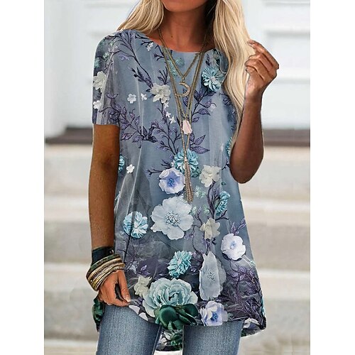 

Women's T shirt Tee Blue Khaki Graphic Floral Print Short Sleeve Daily Weekend Basic Round Neck Regular Floral Painting S / 3D Print