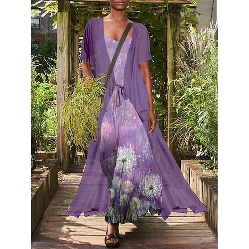 

Women's Dress Set Two Piece Dress Long Dress Maxi Dress Navy Blue Violet Short Sleeve Floral Print Spring Summer Square Neck M L XL XXL XXXL 4XL 5XL