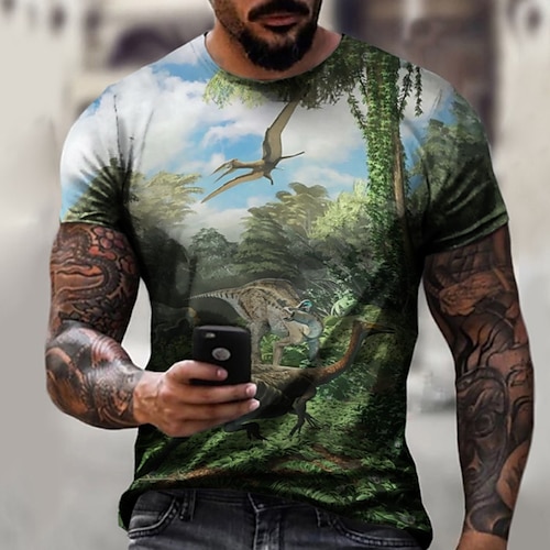 

Men's T shirt Tee Shirt Tee Graphic Dinosaur Crew Neck Green Blue White 3D Print Plus Size Casual Daily Short Sleeve Clothing Apparel Basic Designer Slim Fit Big and Tall / Summer / Regular Fit