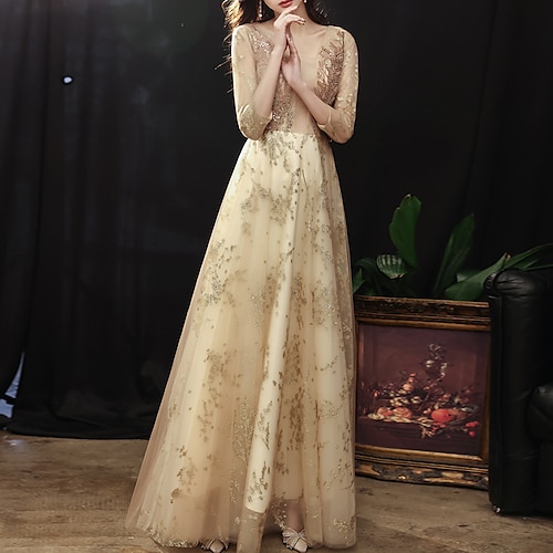 

A-Line Prom Dresses Glittering Dress Engagement Floor Length 3/4 Length Sleeve Illusion Neck Tulle with Embroidery Appliques 2022 / Illusion Sleeve