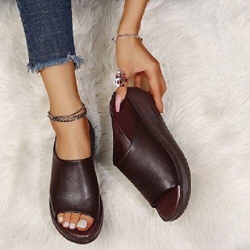 Women's Sandals Platform Sandals Vintage Clogs Platform Wedge Heel Peep Toe PU Loafer Solid Colored White Black Brown