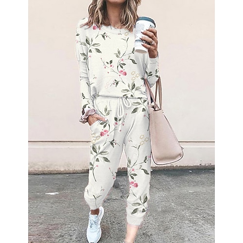 

Women's Streetwear Cinched Floral Print Going out Casual / Daily Two Piece Set Crew Neck Sweatshirt Tracksuit Pants Sets Pant Loungewear Jogger Pants Drawstring Print Tops