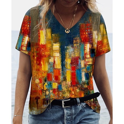 

Women's T shirt Tee Yellow Scenery 3D Print Short Sleeve Daily Weekend Basic V Neck Regular Abstract 3D Printed Painting S