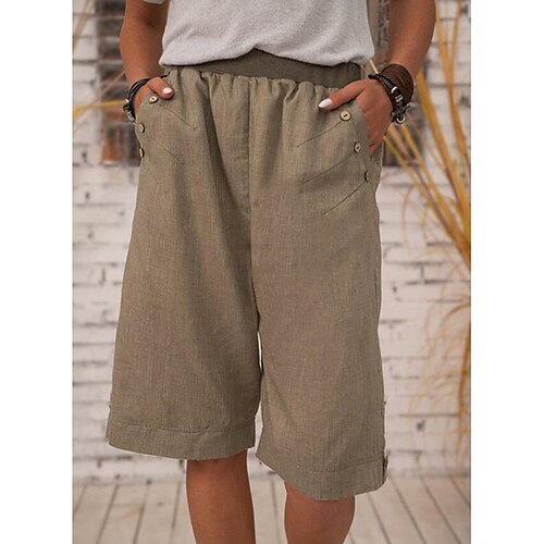 

Women's Lightweight Basic Shorts Slacks Pocket Elastic Waist Short Pants Daily Weekend Inelastic Plain Linen Breathable Soft Mid Waist Loose Green Blue White Black Gray S M L XL XXL