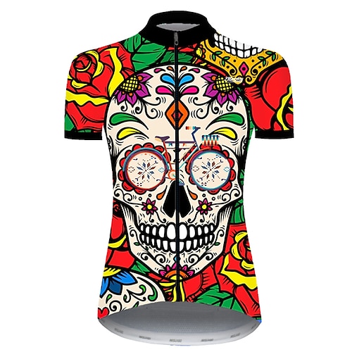 

21Grams Women's Cycling Jersey Short Sleeve Bike Jersey Top with 3 Rear Pockets Mountain Bike MTB Road Bike Cycling Cycling Breathable Ultraviolet Resistant Quick Dry Red Yellow Skull Sugar Skull