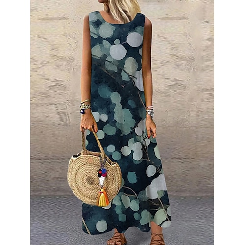 

Women's Shift Dress Long Dress Maxi Dress Blue Sleeveless Print Spring Summer Crew Neck S M L XL XXL 3XL