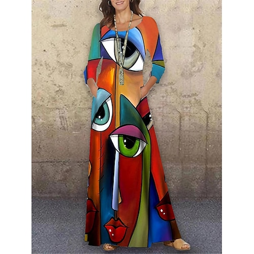 

Women's Shift Dress Long Dress Maxi Dress Rainbow 3/4 Length Sleeve Abstract Print Winter Fall Autumn Crew Neck S M L XL XXL 3XL