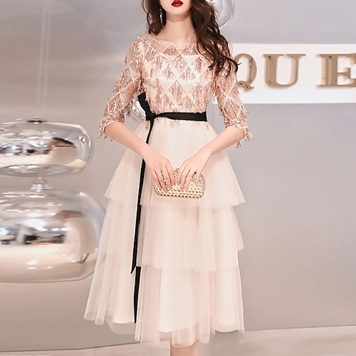 

A-Line Sparkle Elegant Party Wear Cocktail Party Dress Jewel Neck Half Sleeve Knee Length Tulle with Sash / Ribbon Sequin Tassel 2022
