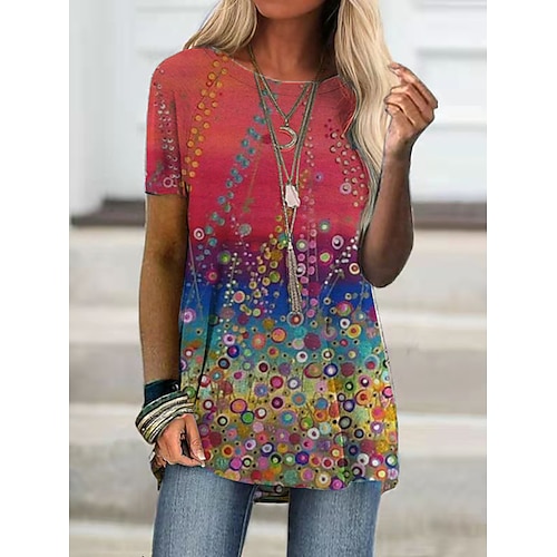 

Women's T shirt Tee Tunic Purple Red Graphic Floral Print Short Sleeve Daily Weekend Basic Boho Round Neck Long S