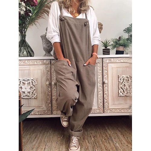 

Women's Jumpsuits Casual Summer Trousers Overalls Dungarees Faux Linen Khaki Dark Blue Black Mid Waist Basic Fashion Slouch Daily Weekend Baggy Full Length Breathable Plain S M L XL XXL / Loose Fit