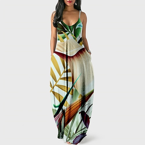 

robe décontractée femme robe à bretelles robe longue robe maxi blanc vert clair marron clair sans manches imprimé floral printemps été col en v décontracté coupe ample 2023 xs s m l xl xxl 3xl 4xl