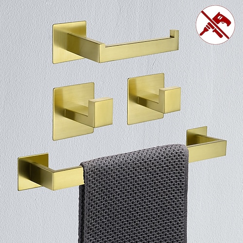 

Bathroom Hardware Accessory Set,Robe Hook, Self-Adhesive Brushed Golden Stainless Steel Towel Bar, Towel Holder, Toilet Paper Holde