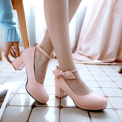

Women's Heels Cute Shoes Ankle Strap Heels Bowknot Block Heel Chunky Heel Round Toe Sweet PU Synthetics Buckle Black Rosy Pink Beige
