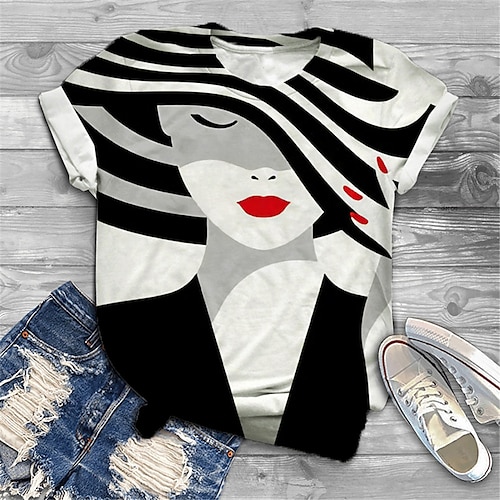 

Women's Plus Size Tops T shirt Tee Graphic Portrait Print Short Sleeve Crewneck Basic Preppy Daily Cotton Spandex Jersey Spring Summer Black / Regular Fit