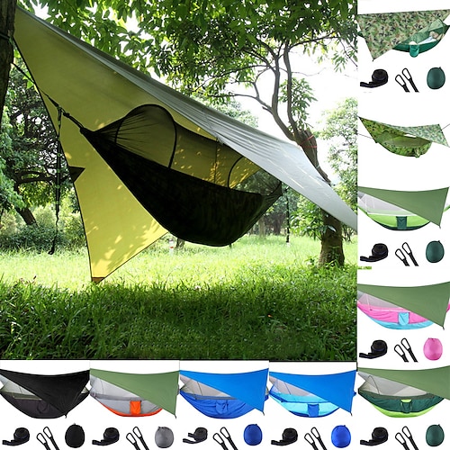 

Camping Hammock with Pop Up Mosquito Net Hammock Rain Fly for 2 person 290140cm Outdoor Portable Windproof Sunscreen UV Resistant Anti-Mosquito Parachute Nylon with Carabiners and Tree Straps